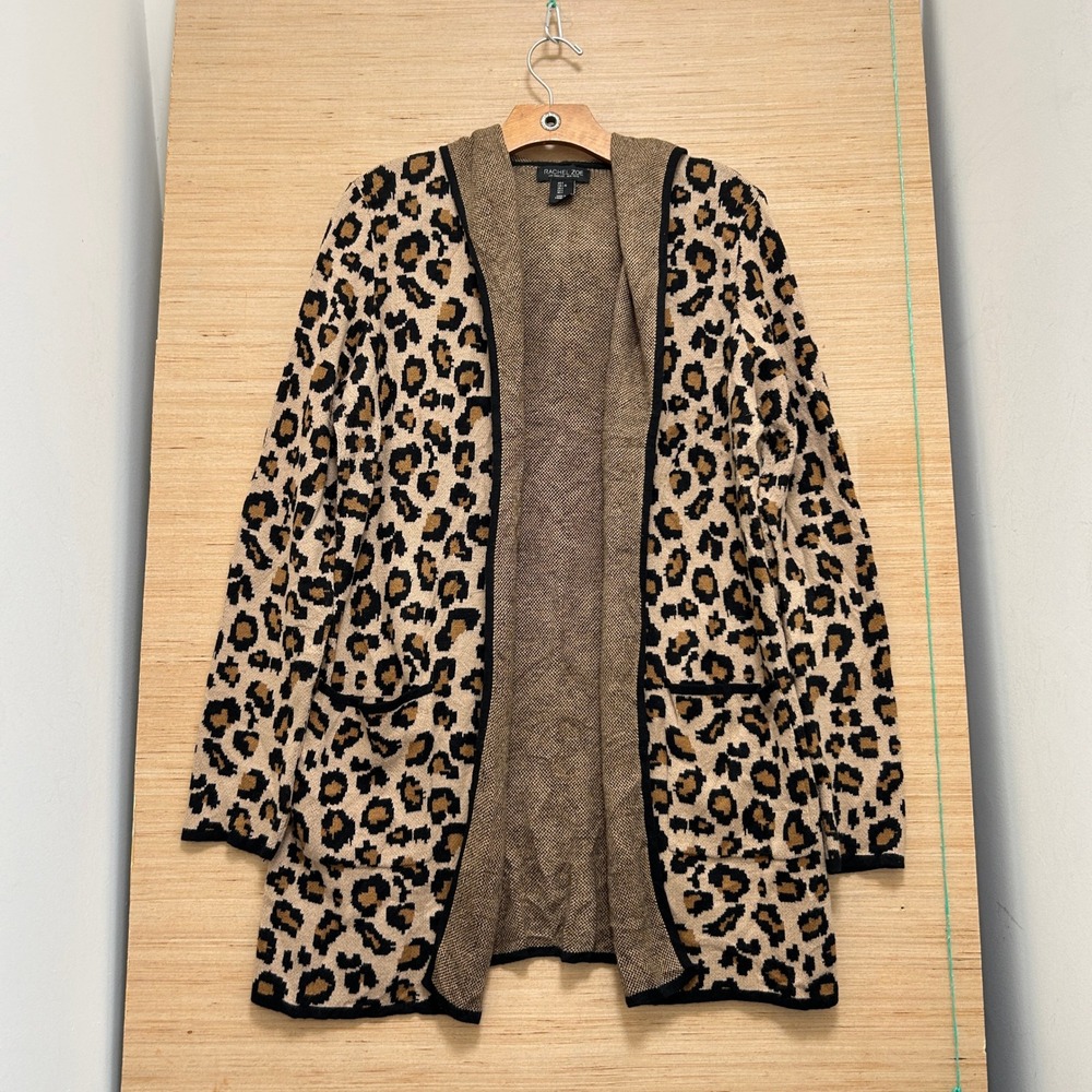 Rachel Zoe Leopard Print Hooded Cardigan Open Front Knit Sweater Tan Black L